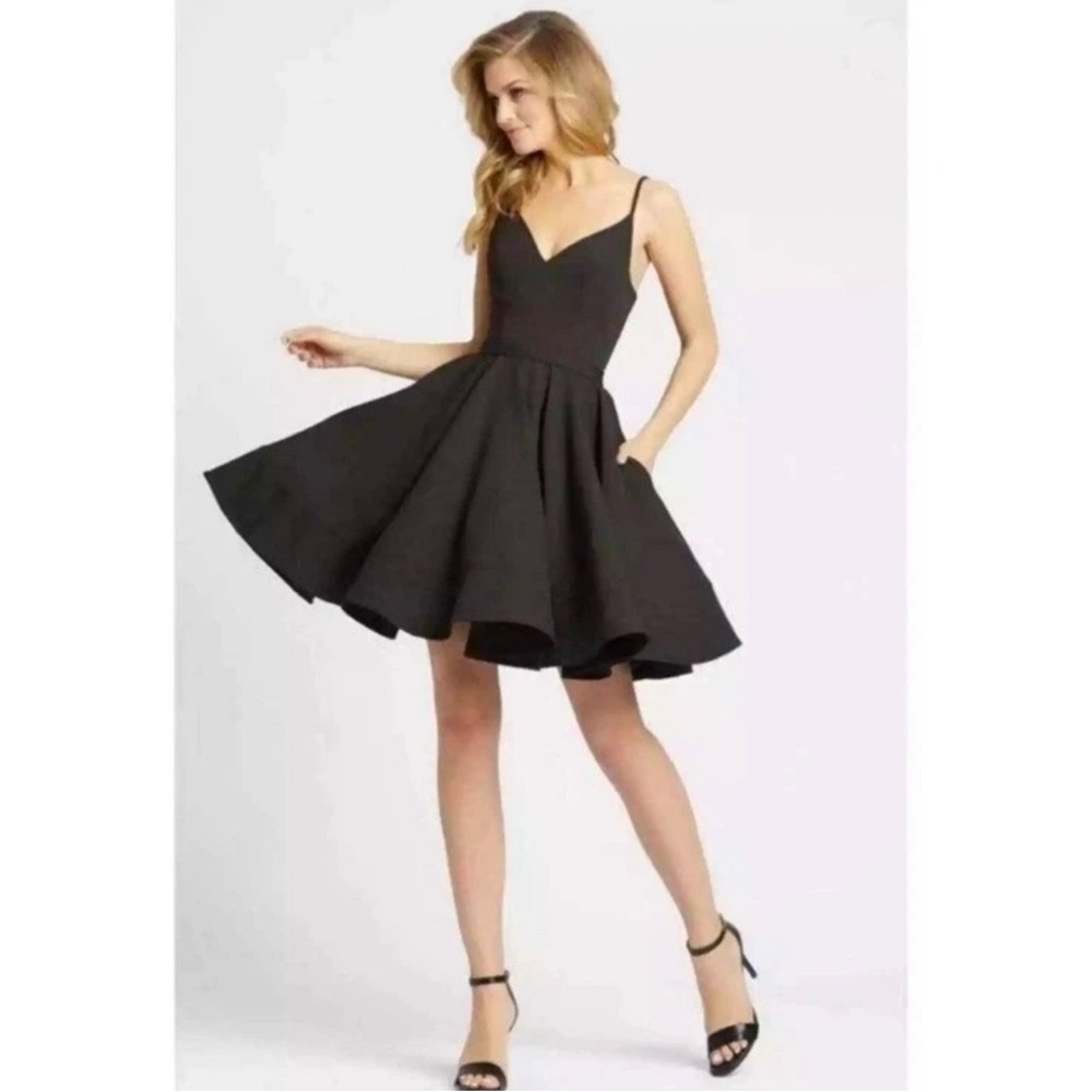 Ieena for Mac Duggal Black Fit and Flare Cocktail Dress 4979 V-Neck Mini 4